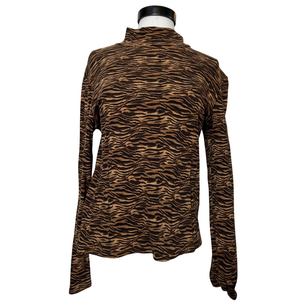 Womens Long Sleeve Mock Neck Animal Tiger Print Brown Top 100% Cotton